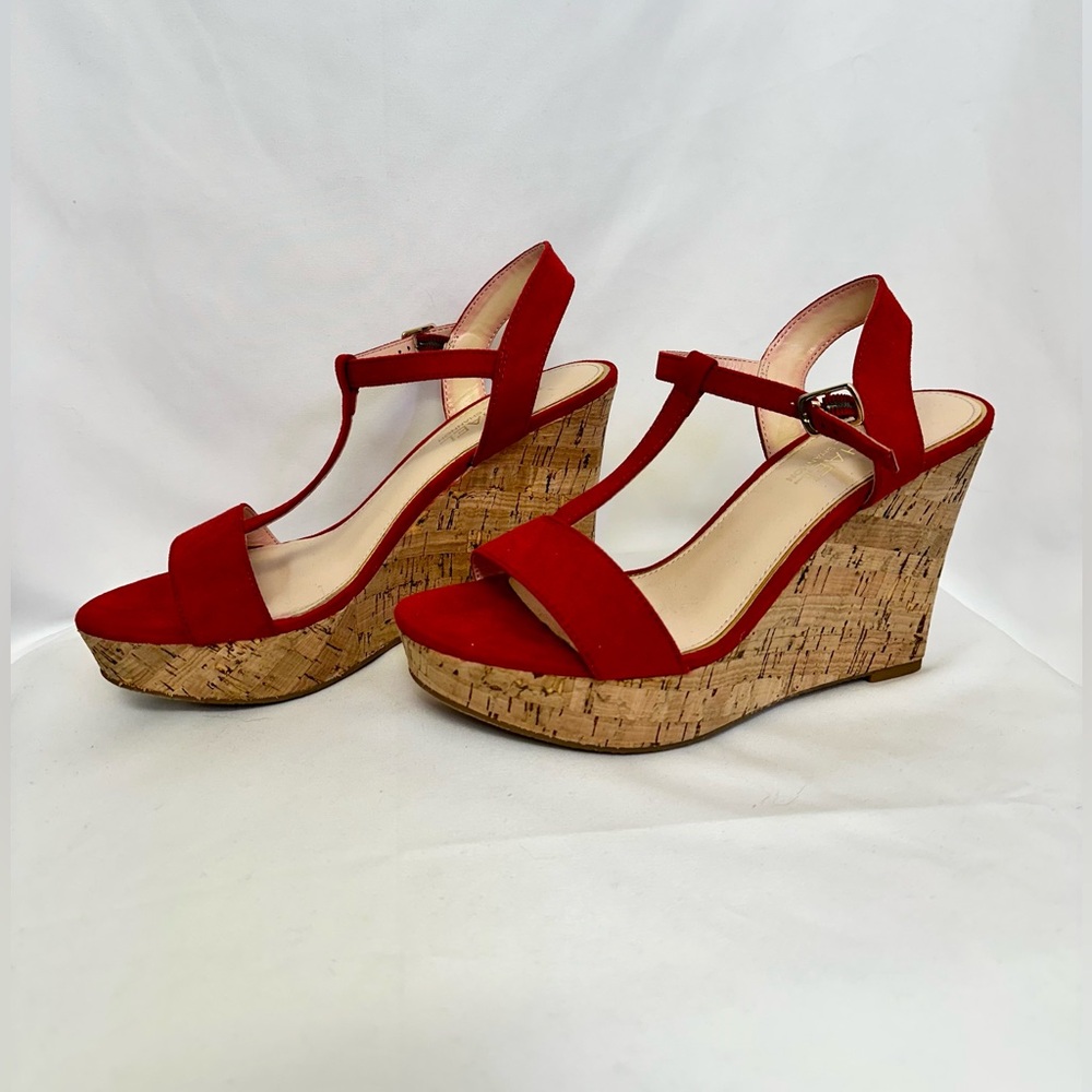Michael Shannon Red Suede Cork Wedge Sandals Size 8